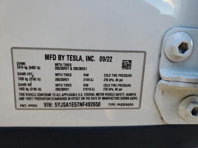 5YJSA1E57NF492650 - 2022 TESLA MODEL S WHITE photo 12