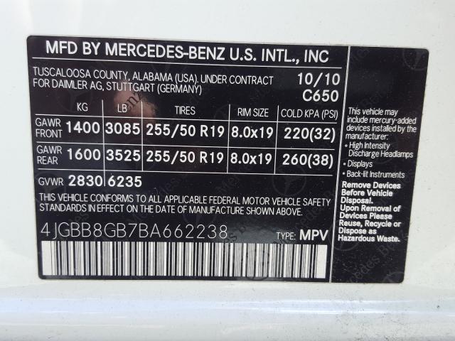 4JGBB8GB7BA662238 - 2011 MERCEDES-BENZ ML 350 4MATIC  photo 10