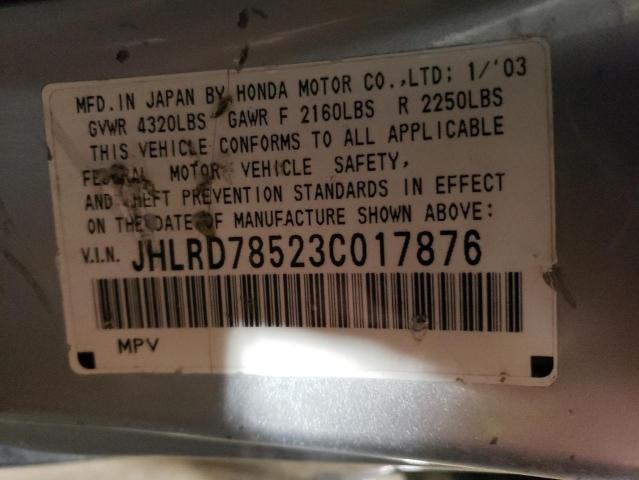 JHLRD78523C017876 - 2003 HONDA CR-V LX SILVER photo 12