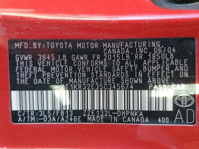 2T1KR32E35C345674 - 2005 TOYOTA COROLLA MA XR RED photo 12