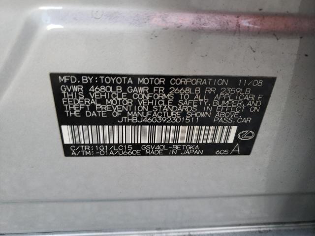 JTHBJ46G392301511 - 2009 LEXUS ES 350 SILVER photo 12