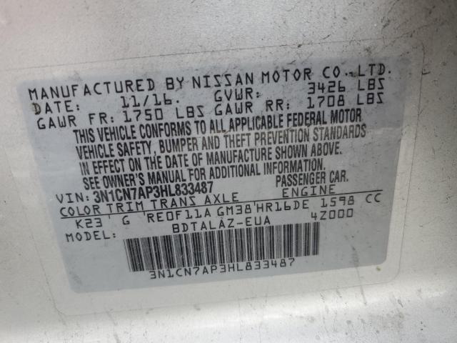 3N1CN7AP3HL833487 - 2017 NISSAN VERSA S SILVER photo 12