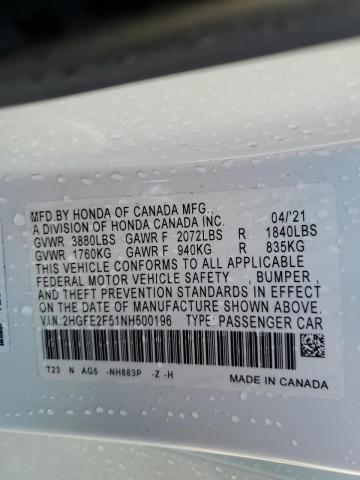 2HGFE2F51NH500196 - 2022 HONDA CIVIC SPORT 白色 照片 13