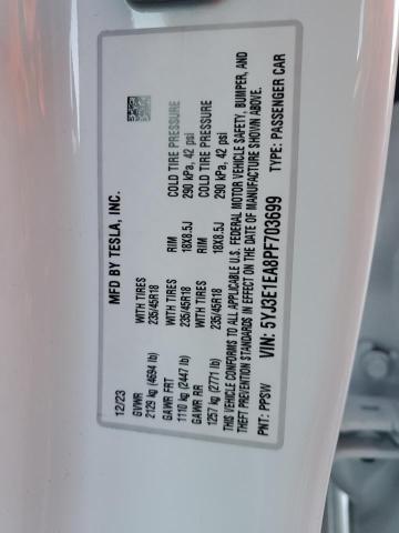 5YJ3E1EA8PF703699 - 2023 TESLA MODEL 3 WHITE photo 12