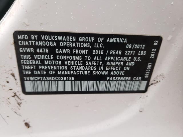 1VWCP7A36DC039185 - 2013 VOLKSWAGEN PASSAT SEL WHITE photo 12