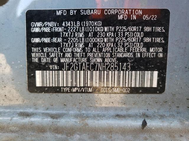 JF2GTAEC7NH285143 - 2022 SUBARU CROSSTREK PREMIUM 蓝色 照片 12