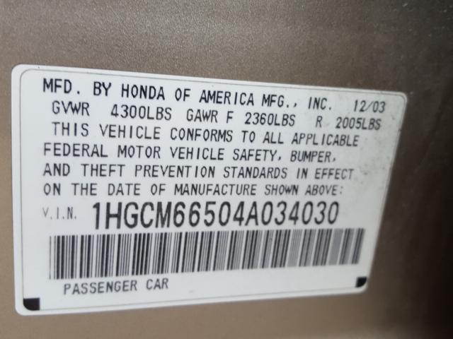 1HGCM66504A034030 - 2004 HONDA ACCORD EX  photo 10