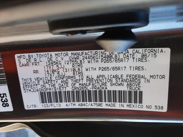 3TMJU4GN3FM191677 - 2015 TOYOTA TACOMA DOUBLE CAB PRERUNNER CHARCOAL photo 13