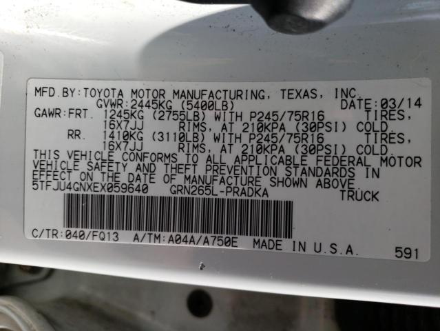 5TFJU4GNXEX059640 - 2014 TOYOTA TACOMA DOUBLE CAB PRERUNNER WHITE photo 13