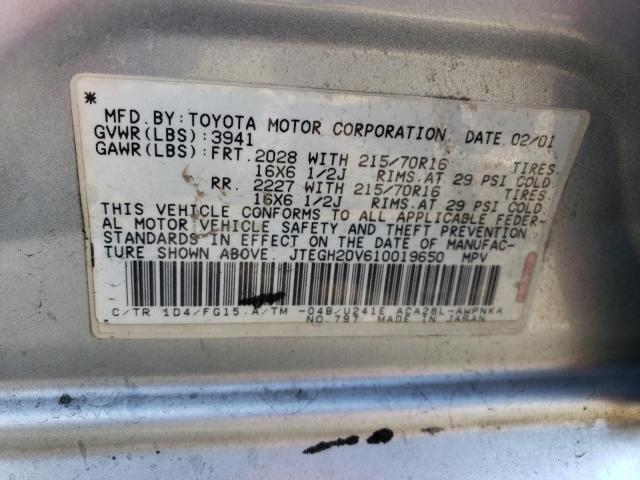 JTEGH20V610019650 - 2001 TOYOTA RAV4 SILVER photo 12