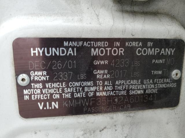 KMHWF35H32A601341 - 2002 HYUNDAI SONATA GLS WHITE photo 12