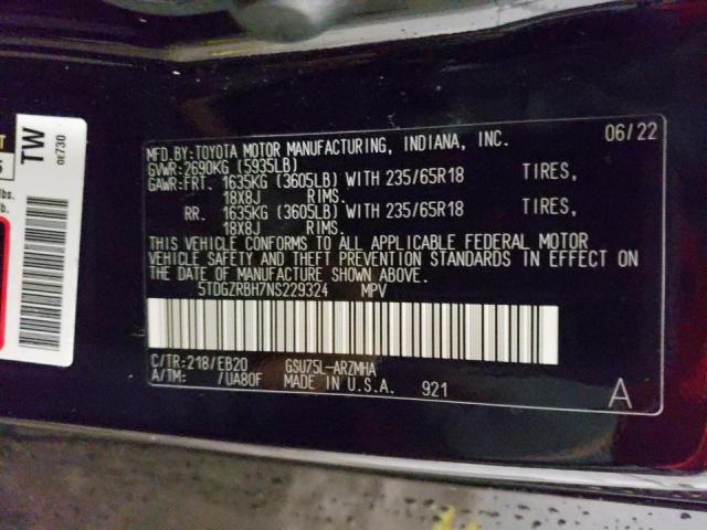 5TDGZRBH7NS229324 - 2022 TOYOTA HIGHLANDER XLE შავი ფოტო 14