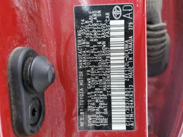 2T1BURHE6EC178607 - 2014 TOYOTA COROLLA L RED photo 13