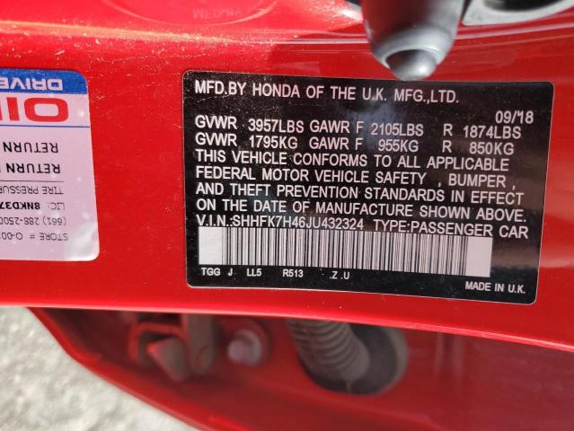 SHHFK7H46JU432324 - 2018 HONDA CIVIC SPORT 红色 照片 12