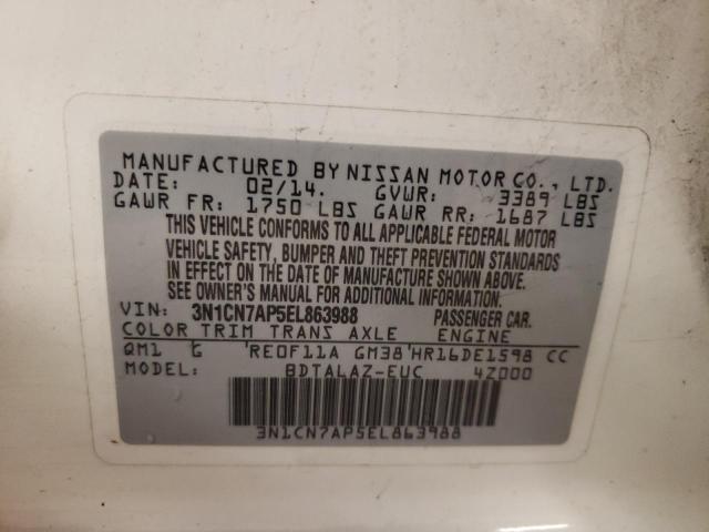 3N1CN7AP5EL863988 - 2014 NISSAN VERSA S WHITE photo 12