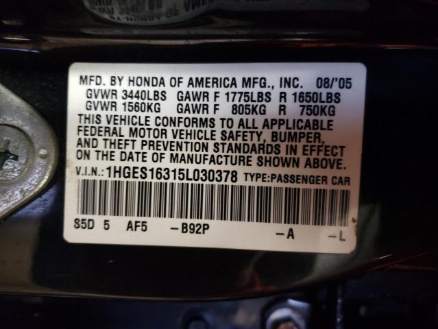 1HGES16315L030378 - 2005 HONDA CIVIC DX VP Qara foto 12