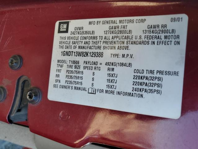 1GNDT13W82K129388 - 2002 CHEVROLET BLAZER RED photo 12