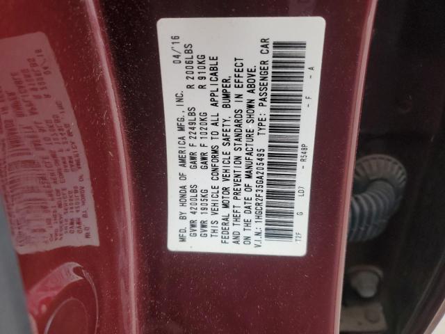 1HGCR2F35GA205495 - 2016 HONDA ACCORD LX MAROON photo 12