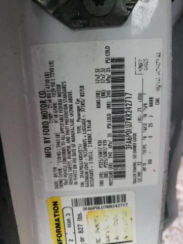 3FA6P0LU7KR242717 - 2019 FORD FUSION SE WHITE photo 12