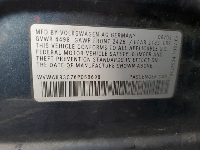 WVWAK93C76P059698 - 2006 VOLKSWAGEN PASSAT 2.0T CHARCOAL photo 12