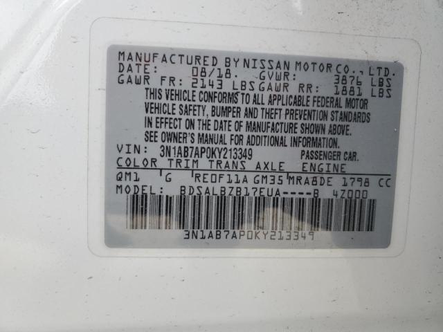 3N1AB7AP0KY213349 - 2019 NISSAN SENTRA S WHITE photo 12