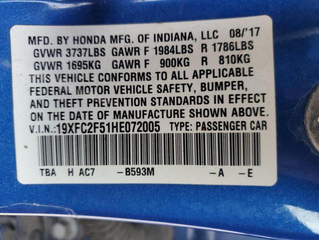 19XFC2F51HE072005 - 2017 HONDA CIVIC LX BLUE photo 12