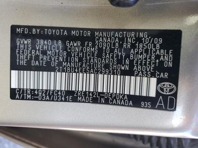 2T1BU4EE5AC299310 - 2010 TOYOTA COROLLA BASE GOLD photo 12