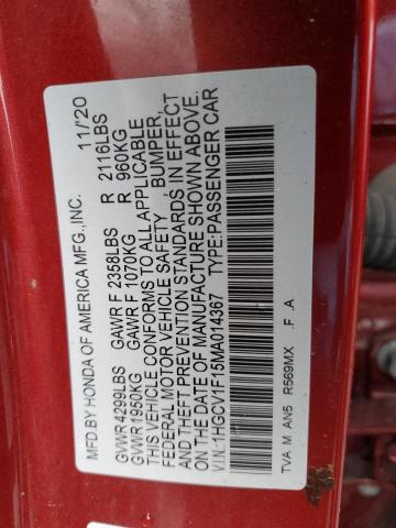 1HGCV1F15MA014367 - 2021 HONDA ACCORD LX RED photo 12