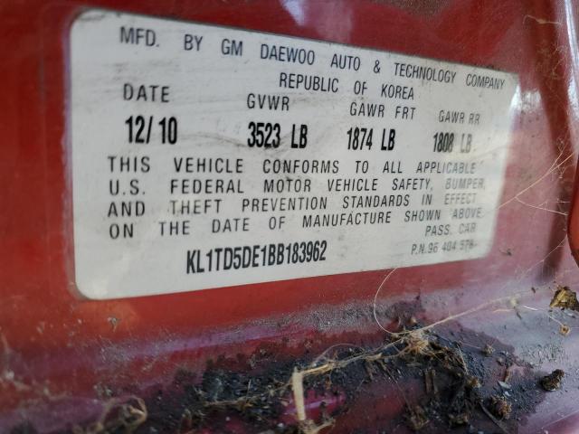 KL1TD5DE1BB183962 - 2011 CHEVROLET AVEO LS 勃艮第红 照片 12