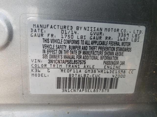 3N1CN7AP5EL857575 - 2014 NISSAN VERSA S SILVER photo 12