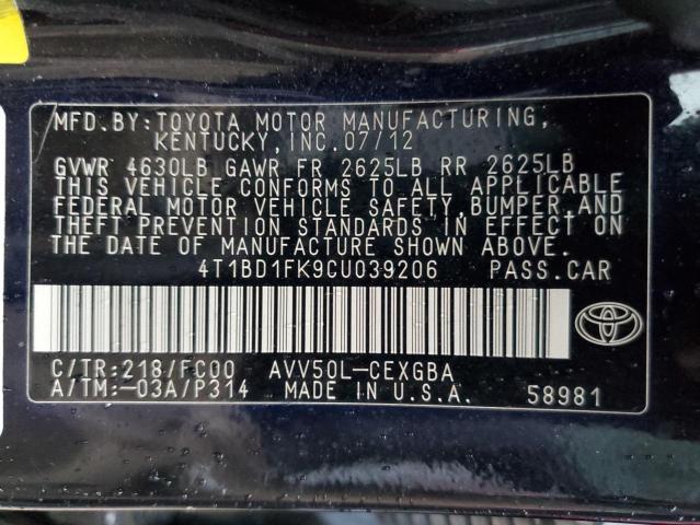 4T1BD1FK9CU039206 - 2012 TOYOTA CAMRY HYBRID BLACK photo 12