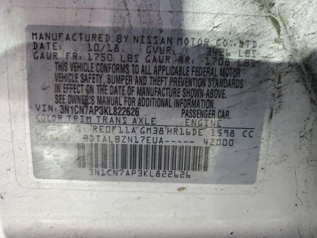 3N1CN7AP3KL822626 - 2019 NISSAN VERSA S SILVER photo 12