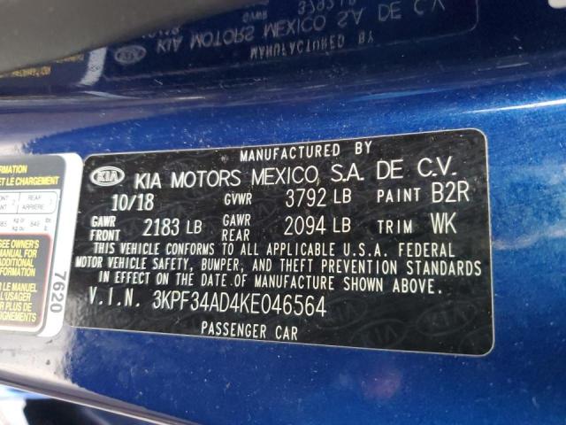 3KPF34AD4KE046564 - 2019 KIA FORTE GT LINE BLUE photo 12