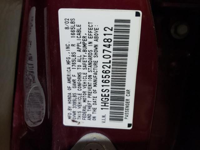 1HGES16562L074812 - 2002 HONDA CIVIC LX BURGUNDY photo 12