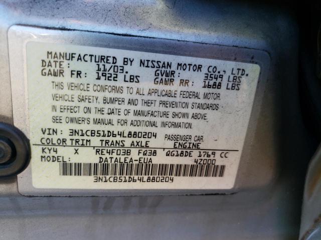 3N1CB51D64L880204 - 2004 NISSAN SENTRA 1.8 SILVER photo 12