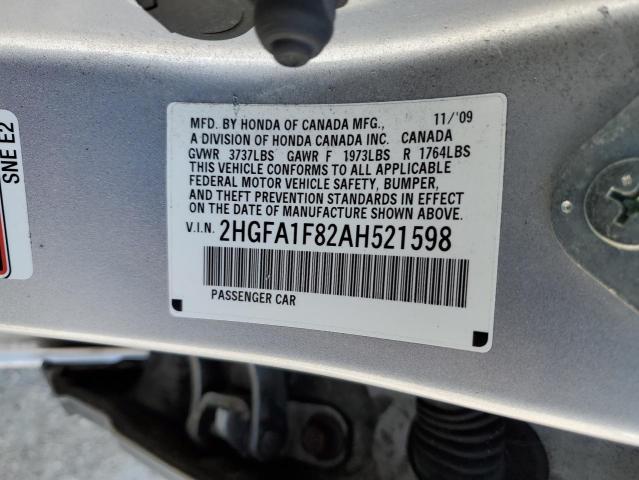 2HGFA1F82AH521598 - 2010 HONDA CIVIC EX SILVER photo 12