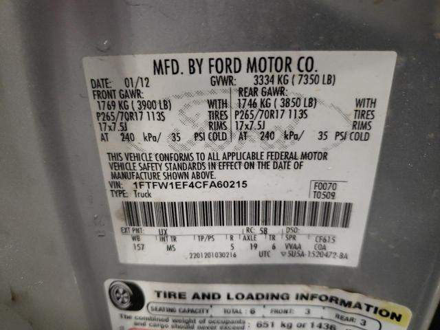 1FTFW1EF4CFA60215 - 2012 FORD F150 SUPERCREW SILVER photo 12