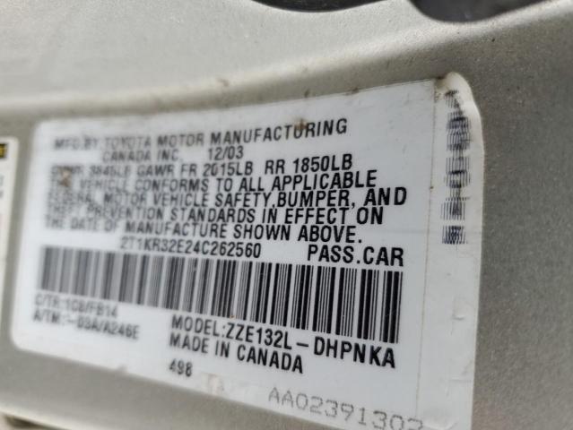 2T1KR32E24C262560 - 2004 TOYOTA COROLLA MA XR SILVER photo 12