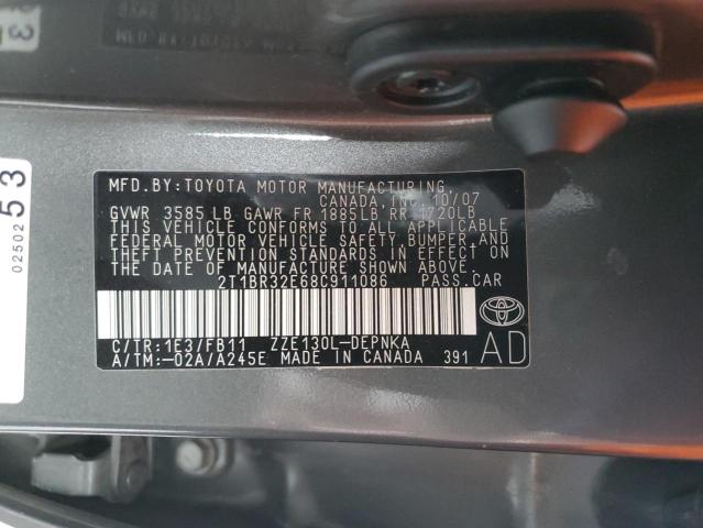 2T1BR32E68C911086 - 2008 TOYOTA COROLLA CE GRAY photo 12