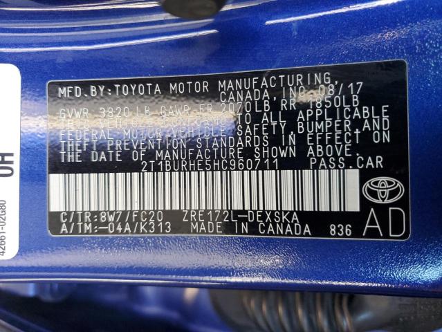 2T1BURHE5HC960711 - 2017 TOYOTA COROLLA L BLUE photo 12