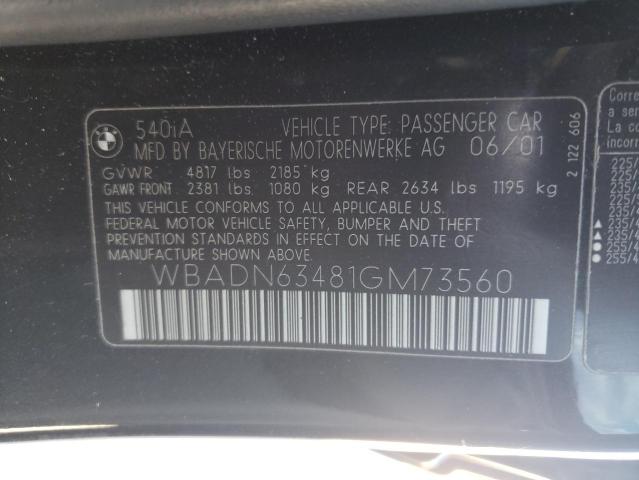 WBADN63481GM73560 - 2001 BMW 540 I AUTOMATIC Czarny zdjęcie 12