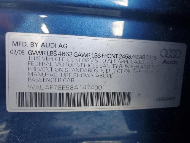 WAUAF78E58A147400 - 2008 AUDI A4 2.0T BLUE photo 12