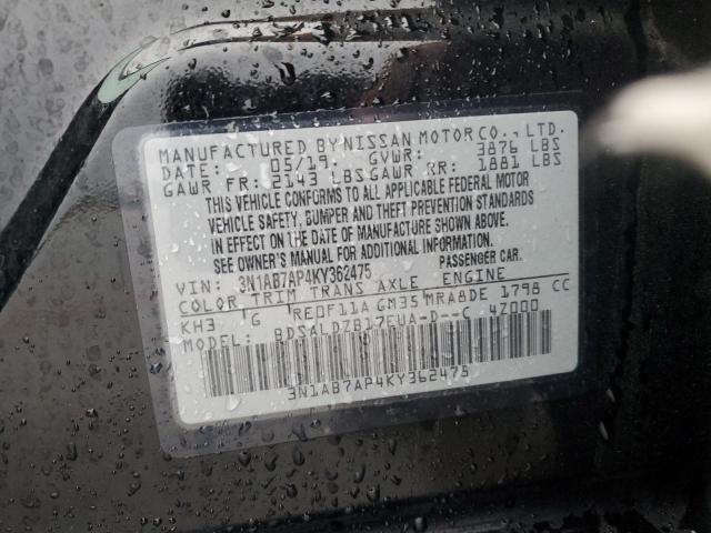 3N1AB7AP4KY362475 - 2019 NISSAN SENTRA S BLACK photo 12