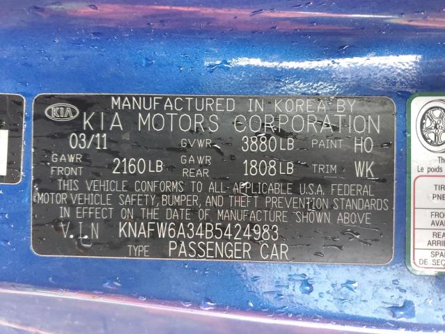 KNAFW6A34B5424983 - 2011 KIA FORTE SX BLUE photo 12