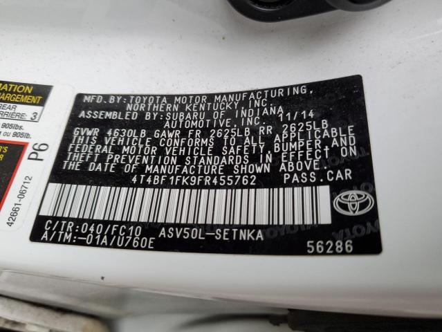 4T4BF1FK9FR455762 - 2015 TOYOTA CAMRY LE WHITE photo 12