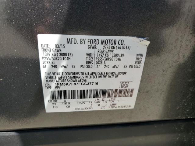 1FM5K7F87FGC37716 - 2015 FORD EXPLORER LIMITED GRAY photo 12