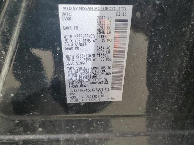 5N1AR2MN4DC638151 - 2013 NISSAN PATHFINDER S 黑色 照片 12