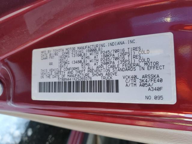 5TBBN441X2S269376 - 2002 TOYOTA TUNDRA ACCESS CAB SR5 MAROON photo 12