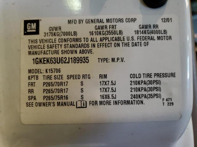 1GKEK63U62J189935 - 2002 GMC DENALI WHITE photo 12