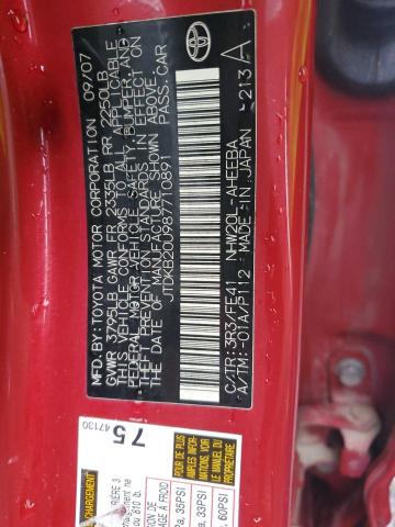 JTDKB20U987710891 - 2008 TOYOTA PRIUS RED photo 12